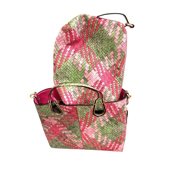 Woven Pink & Green Tote Bag, Adjustable Detachable Strap, Casual/Professional - Picture 4 of 10